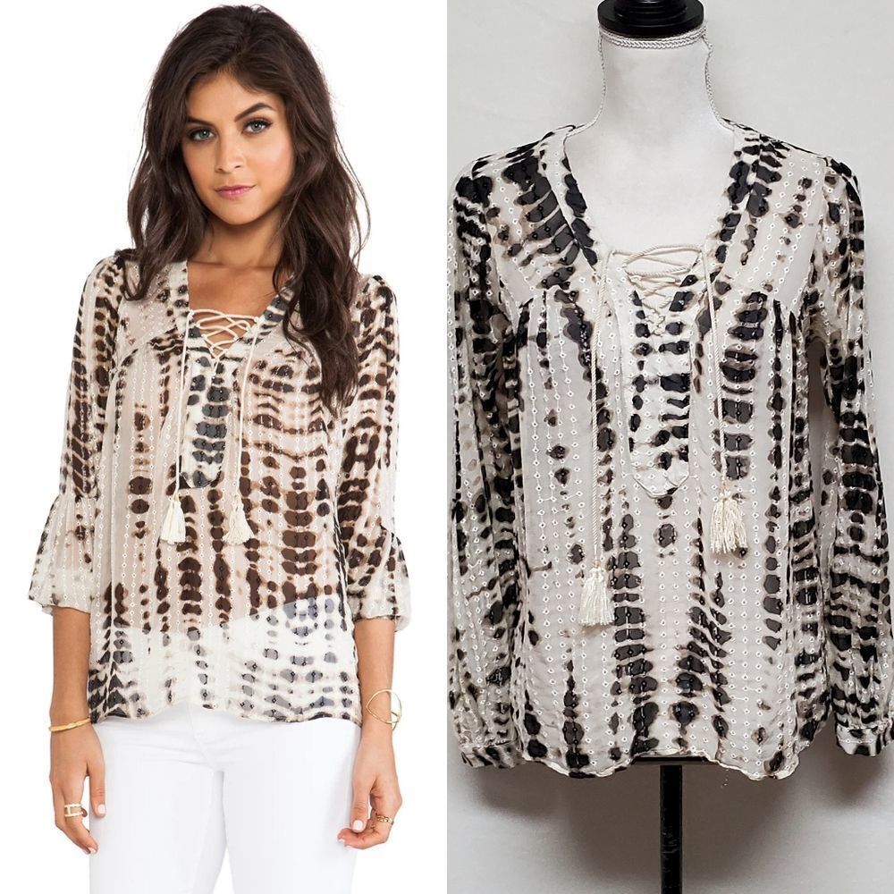 TWELFTH Street by Cynthia Vincent Silk Taupe Animal Print V-neck Lace-up Blouse